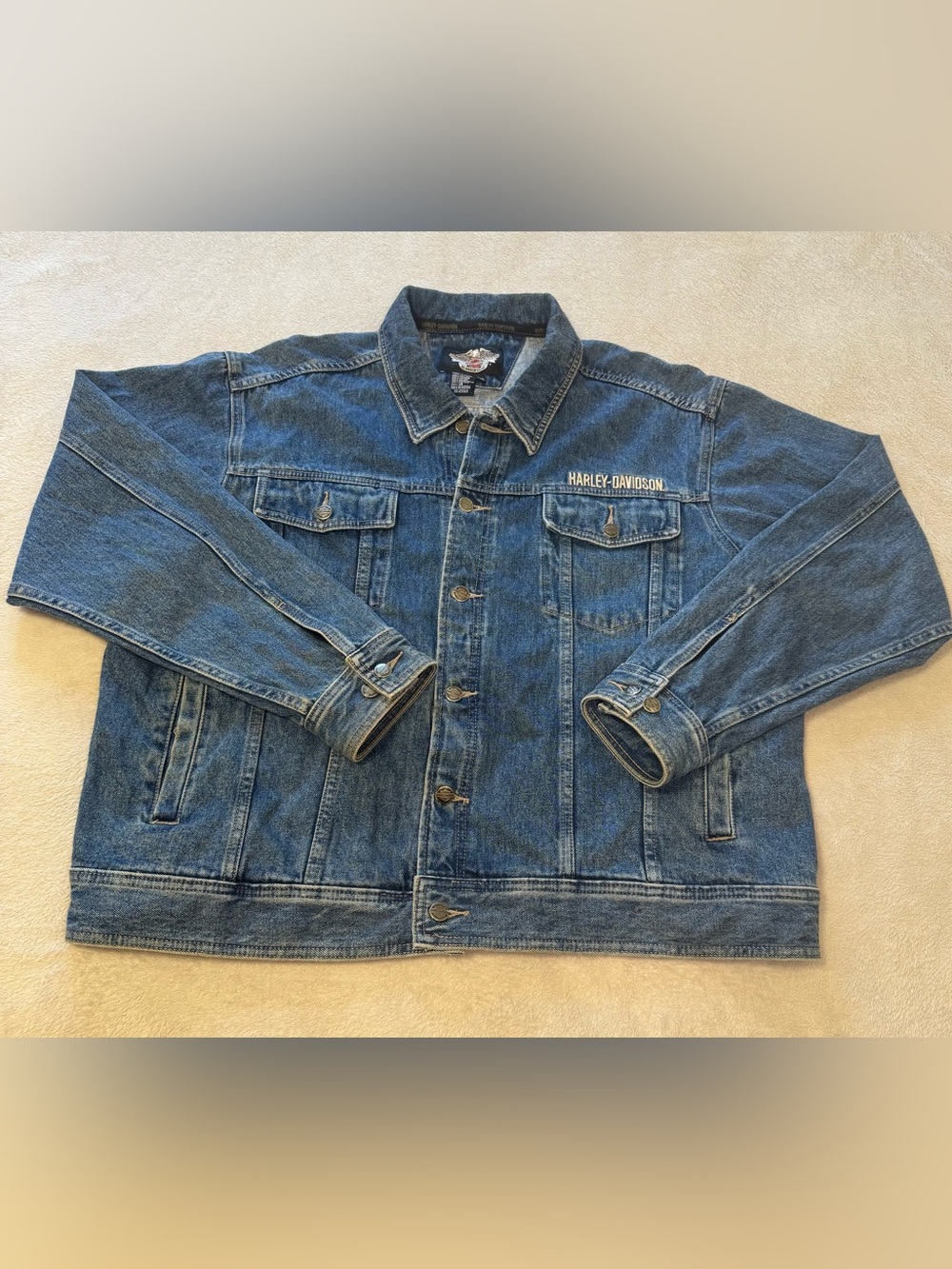 Harley Davidson Motorcycle Heavy Denim Jacket Bar & Shield Logo Size 2 XL